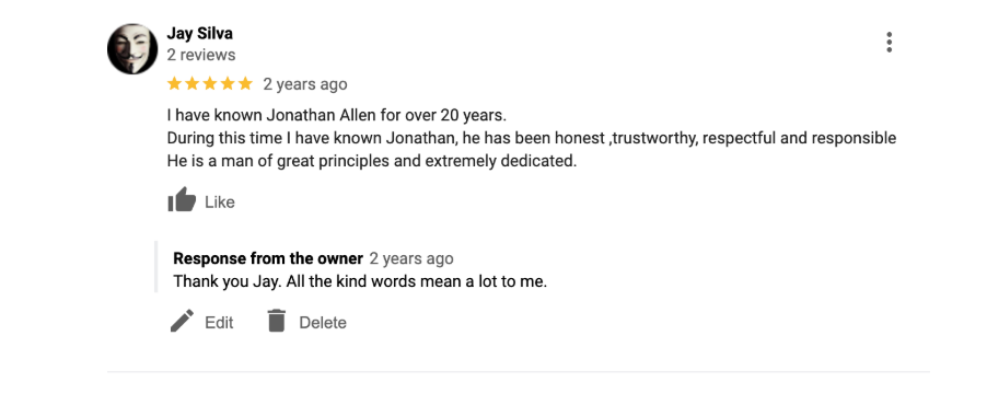 Jay's 5-star review - Known Jonathan for 20 years, honest and trustworthy